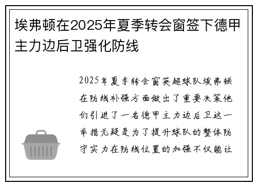 埃弗顿在2025年夏季转会窗签下德甲主力边后卫强化防线 埃弗顿在2025年夏季转会窗签下德甲主力边后卫强化防线
