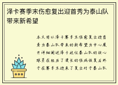 泽卡赛季末伤愈复出迎首秀为泰山队带来新希望 泽卡赛季末伤愈复出迎首秀为泰山队带来新希望